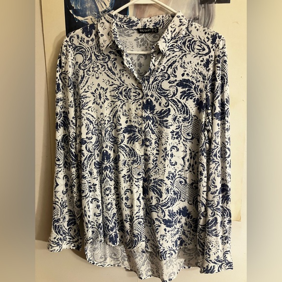 Big Dart Tops - Big Dart Soft Navy and White Printed Button-Down Shirt